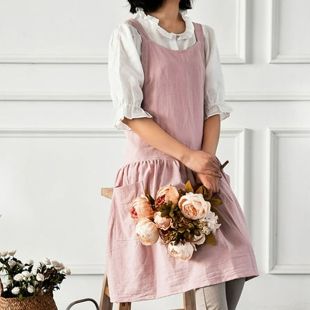 

Yannee Plus Size Women Cotton Linen Cross Back Apron Housework Dress Oversized Pink