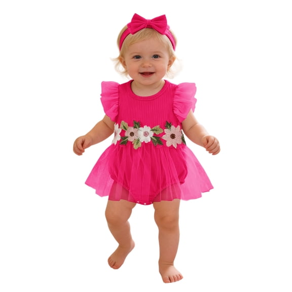 Curuila Toddler Girls Romper With Headbands Floral Dress Crew Neck Fly Sleeve Fashion Soft Bodysuits Pink Size 12-18 Months