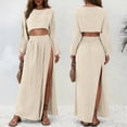 thumbnail image 6 of LEKWK Linen Sets for Women 2 Piece Long Sleeve Crewneck Crop Tops High Slit Flowy Maxi Skirts Summer Fashion Boho Beach Vacation Outfits, 6 of 8