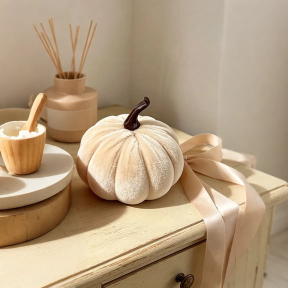 Small Velvet Pumpkin Decorations Fake Mini Foam Pumpkins Harvest Fabric Wrapped Pumpkin Halloween Thanksgiving Decor for Home Kitchen Table Centerpiece (Beige)