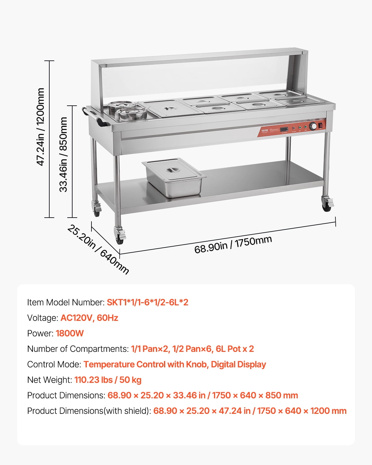 VEVOR Commercial Electric Food Warmer, 7 Pans + 2 Pots Steam Table, 1800W Professional Buffet Catering Food Warmer with Shield Undershelf Wheels, Stainless Steel Server
