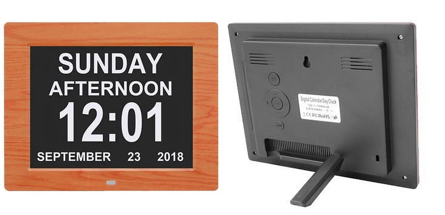 Pokanic Digital Calendar Date Multi Alarm Clock 8 inch Large Display Auto-Dimming Electic Desk Table Wall Mount Office, Home, Kitchen, Room, School, Bedroom, Living Room (Brown)