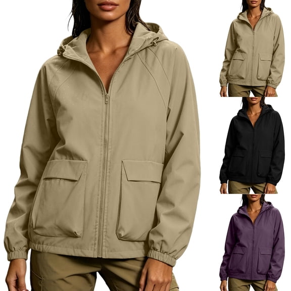 LEAVINGSUO Rain Jacket Women Waterproof Lightweight Casual Top Windproof Hooded Jacket Versatile Long Sleeved Coat Black M