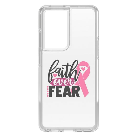 DistinctInk Clear Shockproof Hybrid Case for Galaxy S21 ULTRA 5G (6.8" Screen) - TPU Bumper Acrylic Back Tempered Glass Screen Protector - Pink Ribbon Cancer - Faith Over Fear