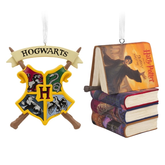 Hallmark Harry Potter Christmas Ornament Bundle of Harry Potter Books with Wand and Hogwarts Crest, 2.5"