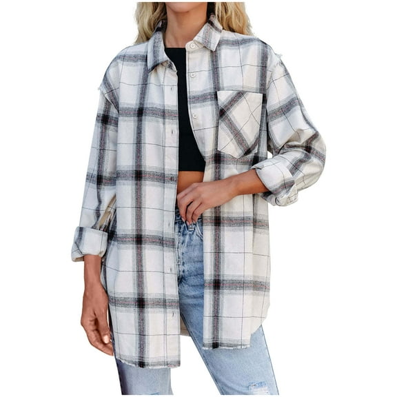 jsaierl Women's Classic-Fit Long-Sleeve Lightweight Plaid Flannel Shirt Tartan Lapel Button Down Jacket Shirt with Chest Pocket