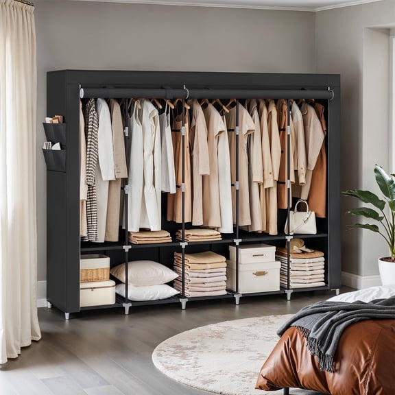 LEDREM Portable Closet Organizer with Cover - 5 Hanging Rods , 4 Shelves & Pockets , Freestanding Wardrobe for Bedroom/Living Room , Ink Black