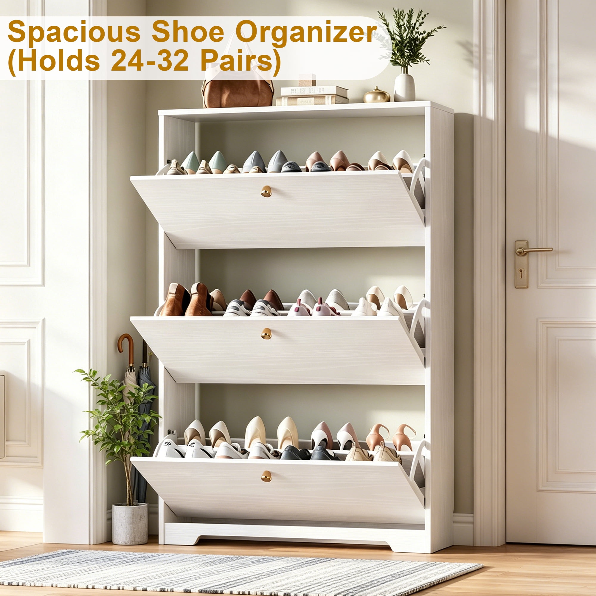 Skyhill Shoe Cabinet with 3 Flip Drawers,Modern Shoe Organizer for Entryway,White