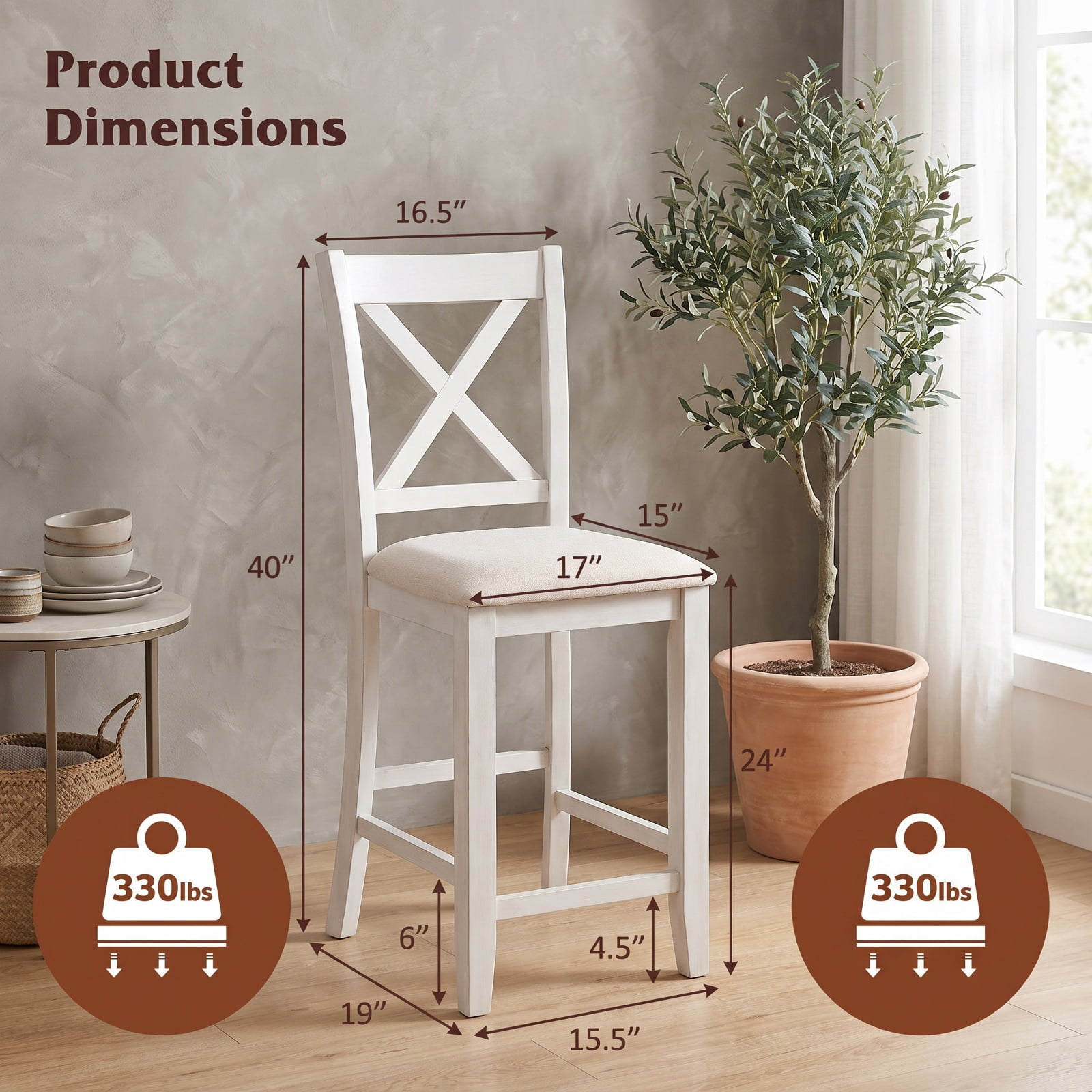Furnibear Modern Farmhouse Counter Height Stools with Footrest and Cushion for Kitchen Island Counter Bar Pub Dining Home, White