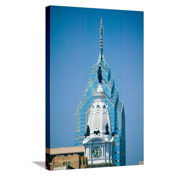 Statue of William Penn on the top of the renovated City Hall and a modern office building behind, Scenic Stretched Canvas Wall Art Sold by Art.Com