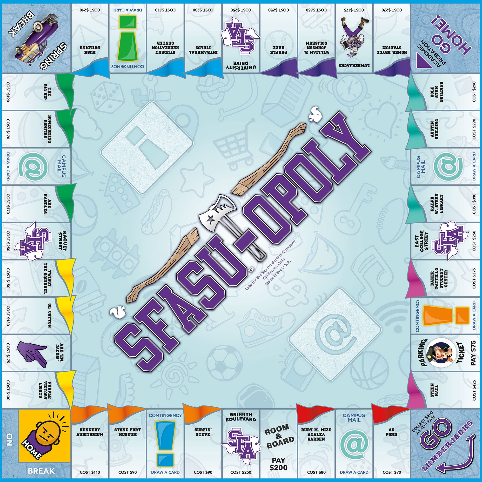 Late For The Sky: SFASU-Opoly - University Themed Family Board Game, Opoly-Style Game Night, Traditional Play Or 1 Hr Version, Ages 8+, 2-6 Players