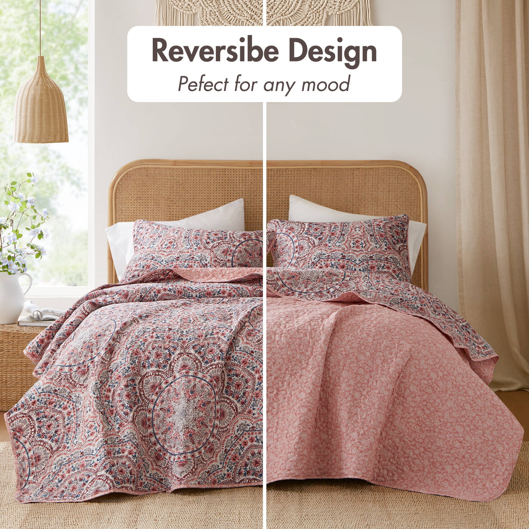 Regency Heights 2-Piece Twin/Twin XL Size Floral Boho Quilt Set, Pink Medallion Print Reversible Bedding Set, Twin Size Quilt with Sham