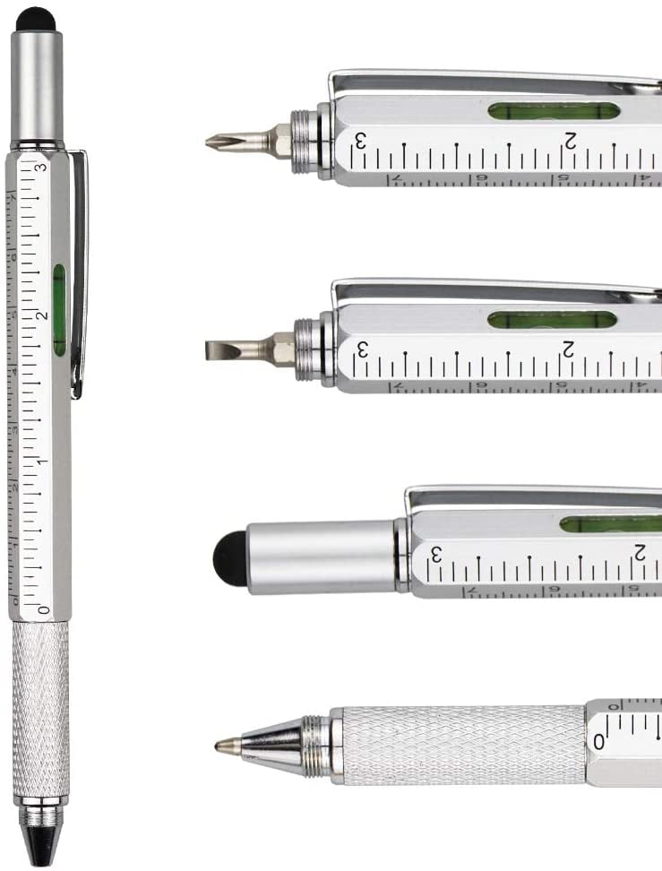 Pocket Pen Screw Driver Stylus Bubble Level Ruler Multi-Tool 6 in 1 Silver 