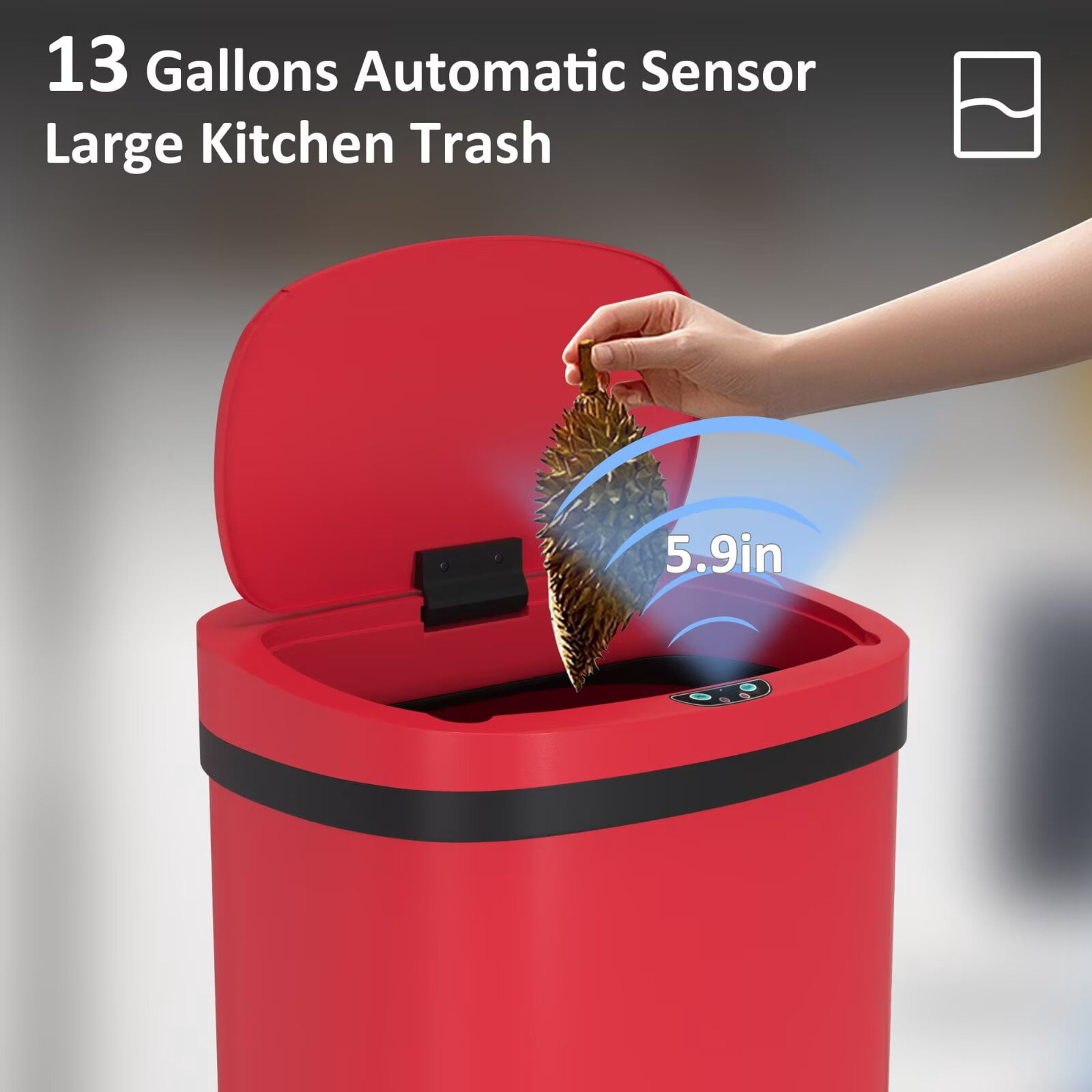 YRLLENSDAN 13 Gallon Touchless Stainless Steel Trash Can, Automatic Garbage Cans with Lid, Motion Sensor Wateproof Trash Bin for Kitchen Bedroom Bathroom Office, Red