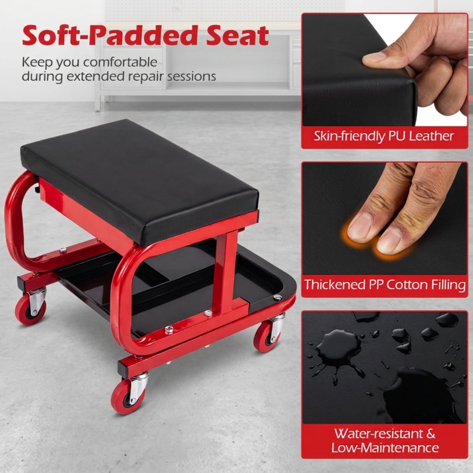 Biotree Rolling Shop Stool Adjustable Swivel Shop Seat 14.5" x 17.5" x 9" with Tool Storage for Garage Shop, Red