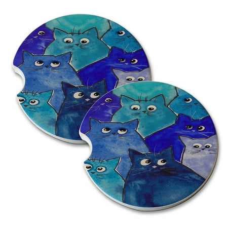 Blue Sand Store KuzmarK Sandstone Car Drink Coaster (set of 2) - Whacky Blue Kitties Abstract Cat Art by Denise Every ()