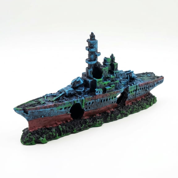 Resin Battleship Aquarium Decor, Sunken Warship Fish Tank Decoration with Weathered Mossy Look, Multi-Hole Fish Cave Hideout for Betta, Shrimp and Small Fish, Freshwater Saltwater