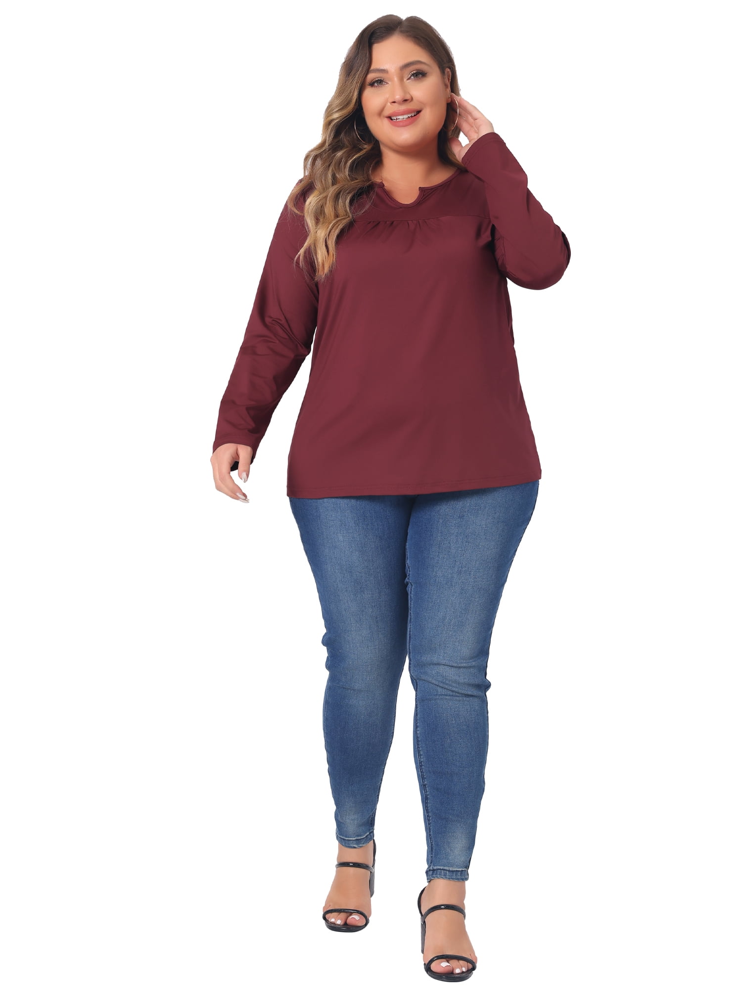 DARING DIVA Women's Plus Size Long Sleeve Notched Neck Loose Tops 4X Burgundy