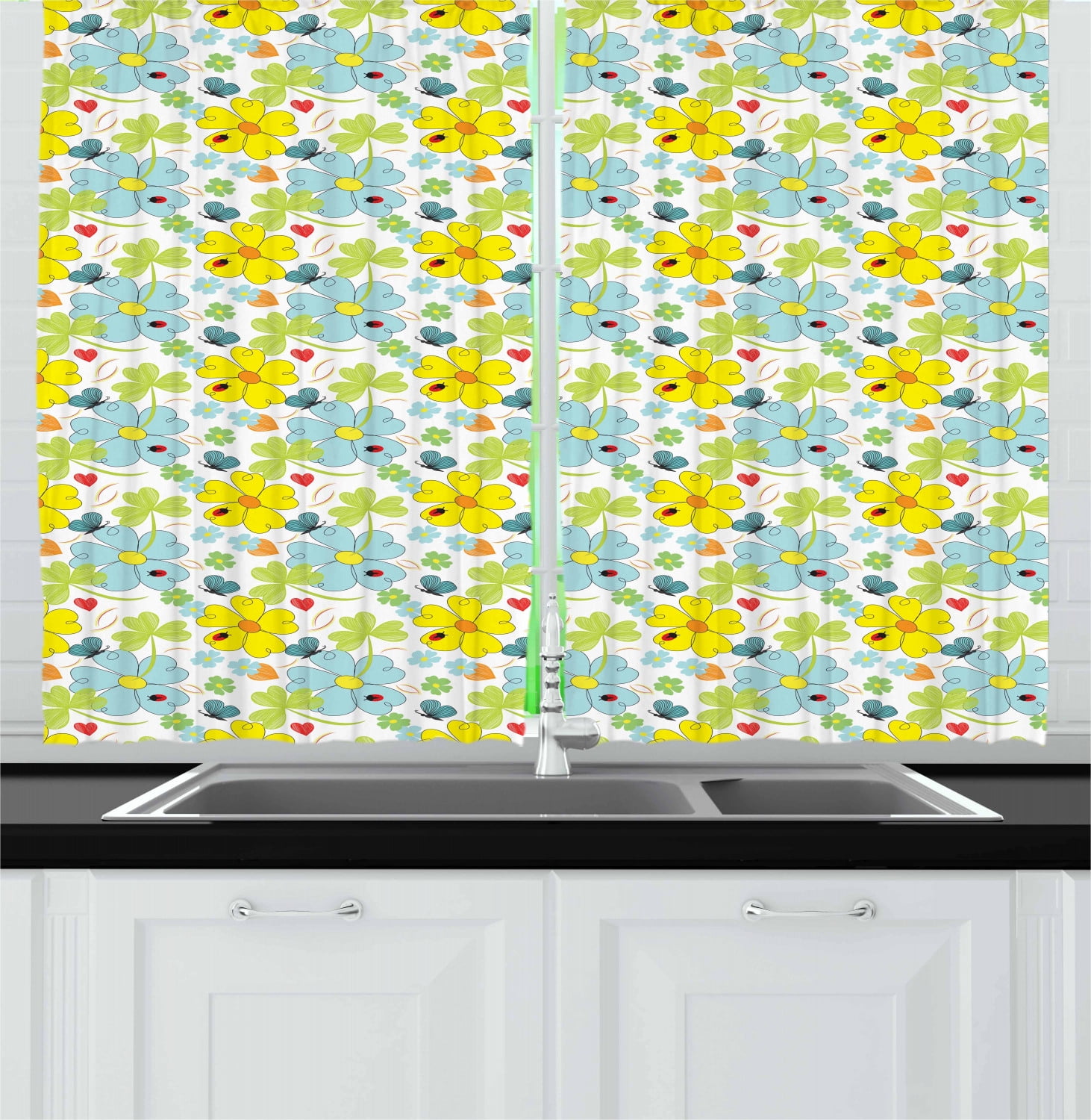 Yellow and Blue Curtains 2 Panels Set, Daisies and Shamrock Flowers