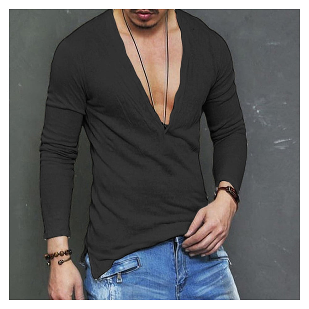 Stylish Men's  Muscle T-shirt Long Sleeve V-Neck Button Tee Tops Casual Shirts