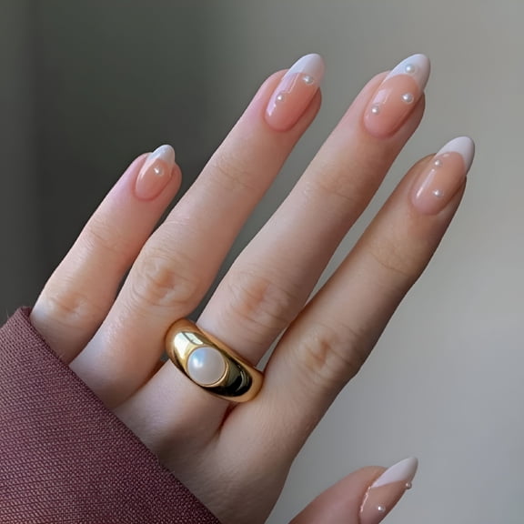 RAGUPEL Almond White French Tip Press on Nails Medium Pearls Glue on Nails Fake Nails Acrylic Nails Press ons 24 PCS Reusable False Nails