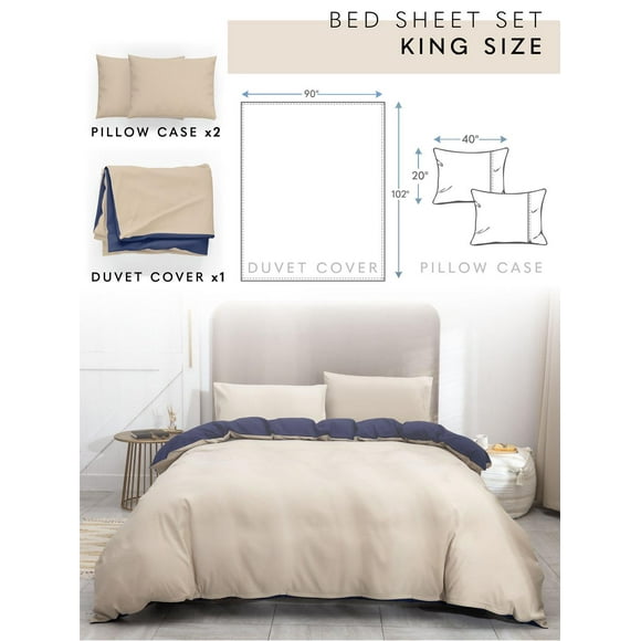 Housse de Couette - Bleu & Champagne / avec Taies d'Oreiller Champagne
