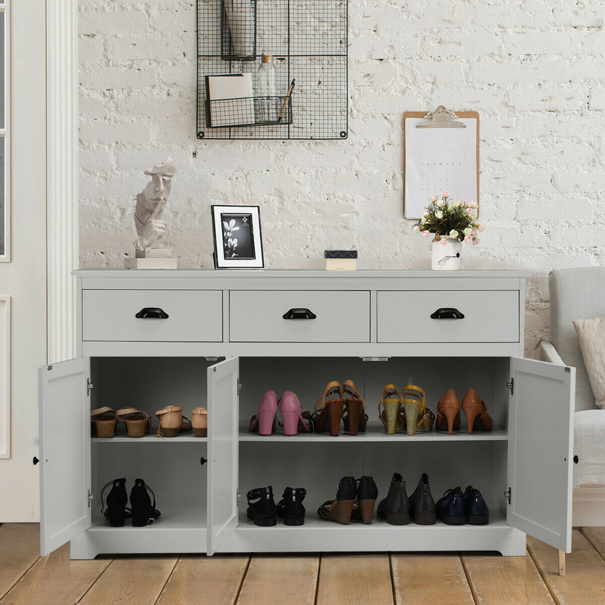 Gymax 3 Drawers Buffet Cabinet Sideboard Console Table Kitchen Storage Cupboard Gray