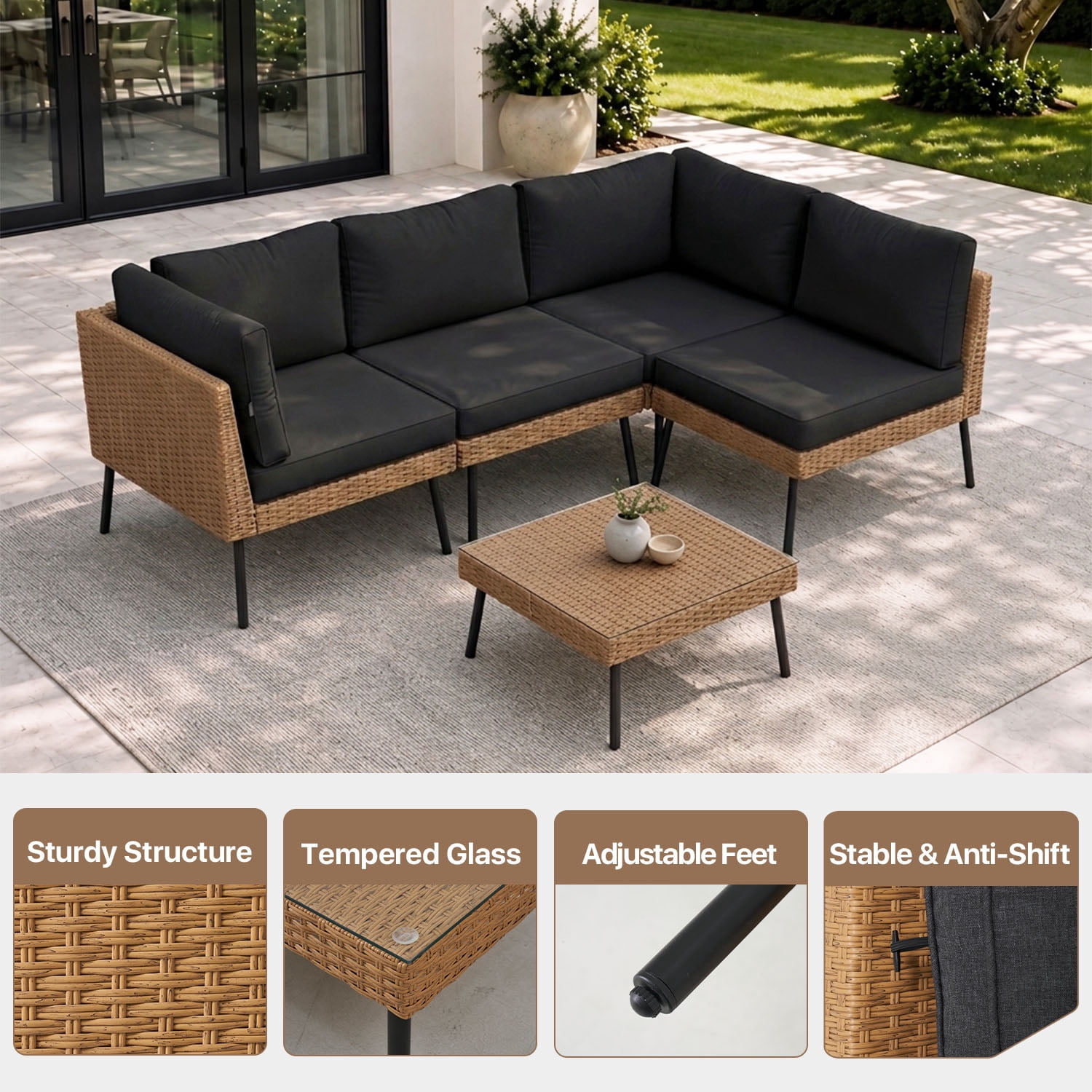 BaPiPro 5-Piece Modular Outdoor PE Rattan Sectional Sofa Set, All Weather Patio Furniture with Removable 4" High Density Cushions & Tempered Glass Coffee Table for Backyard Garden Courtyard, Black