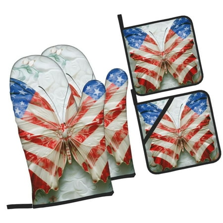 

Haiem Patriotic Butterfly Floral Print Extra Long Oven Mitts and Pot Holders 4pc Sets: Heat Resistant Silicone Oven Mittens with Mini Oven Gloves and Hot Pads Potholders