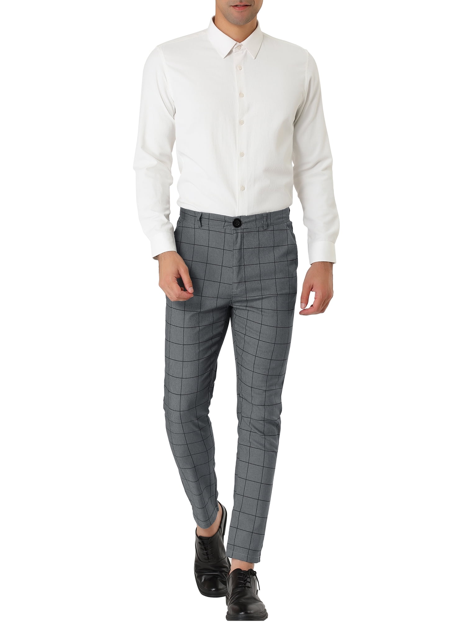 Unique Bargains Men's Slim Fit Plaid Business Pants Trousers with Pockets 34 Gray