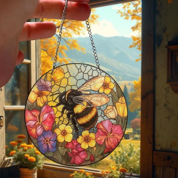 Bee Wildflower STAINED GLASS Suncatcher, Bee Ornament,honeybee Gift for Garden Lovers, Home Decoration for Bee, Personalized Teacher Gift