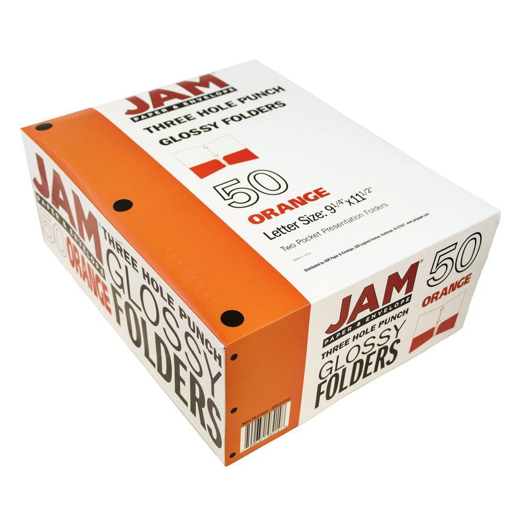 JAM Paper Glossy 3 Hole Punch Folders, Orange, 50/Pack