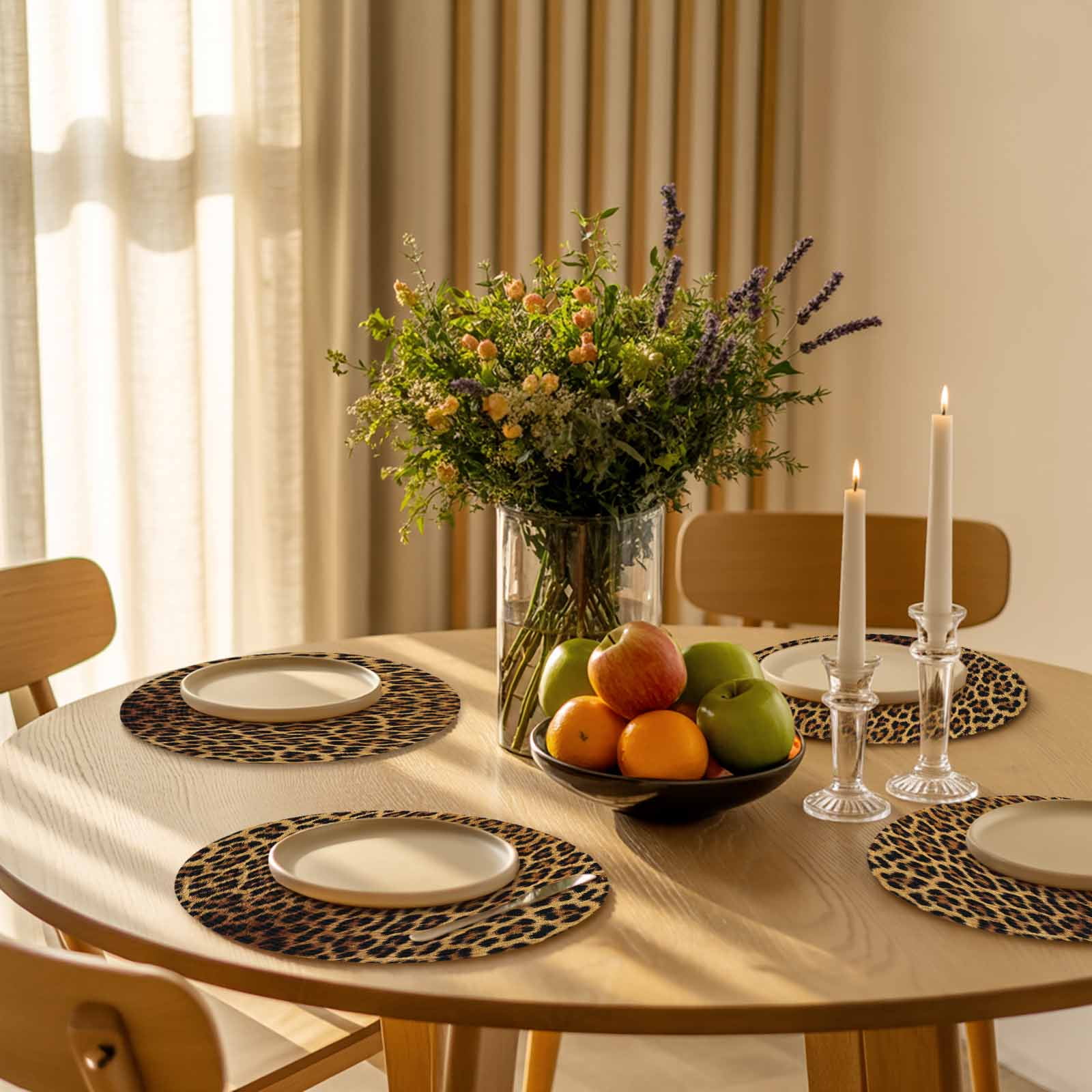 Brown Retro Leopard Print Round Table Placemats set of 4, Abstract Animal Texture Washable Woven Place Mats for Dining Tables Kitchen Party Decor,Heat Proof, 15in,