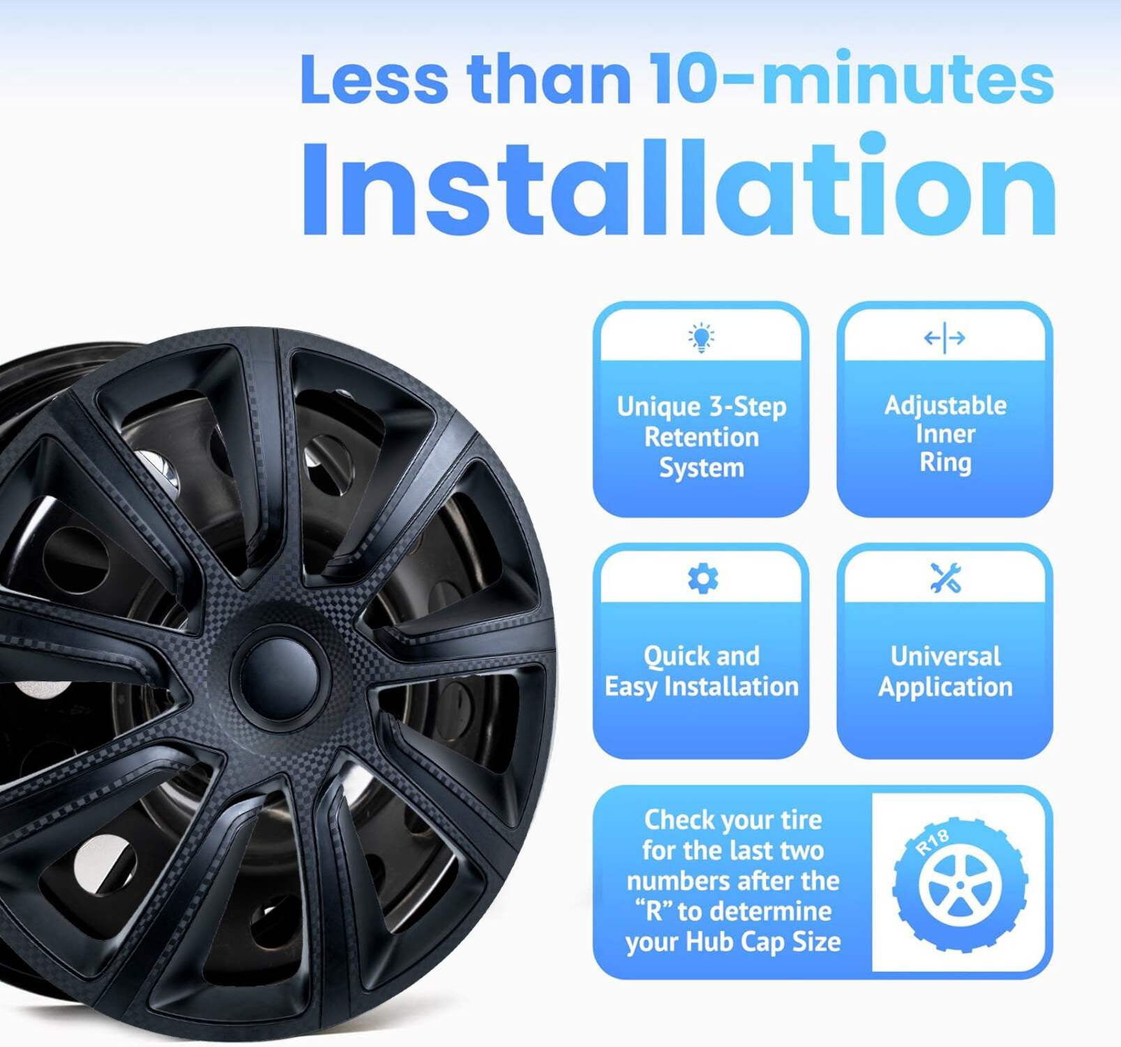 Alpena Ivo Black Wheel Covers – Set of 4, Matte Black, European-Made Hubcaps – 18-inch Universal Fit for Cars