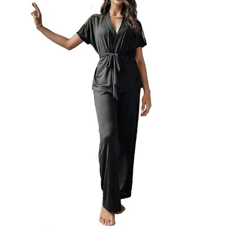 

Casual Solid V neck Pant Sets Short Sleeve Black Womens Pajama Sets (Women s)