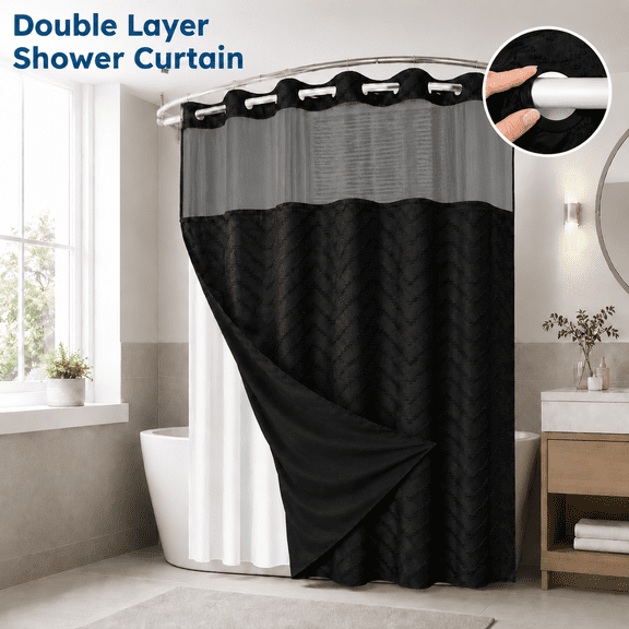 MEYRKLOE Black No Hook Shower Curtain Set with Snap-In Liner, 100% Polyester Tufted Chevron Bath Curtain with Mesh Window, Washable, 71 x 74 in