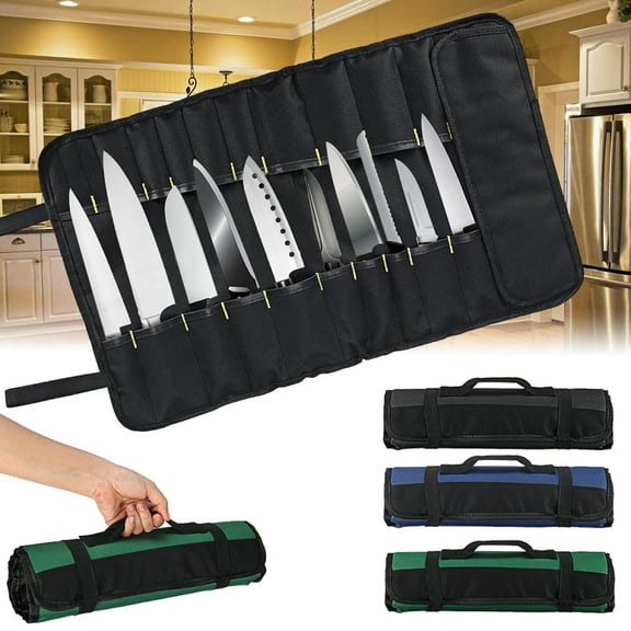 opvise 22 Pockets Portable Carrying Kitchen Chef Knife Roll Bag Cutlery Storage Case Blue