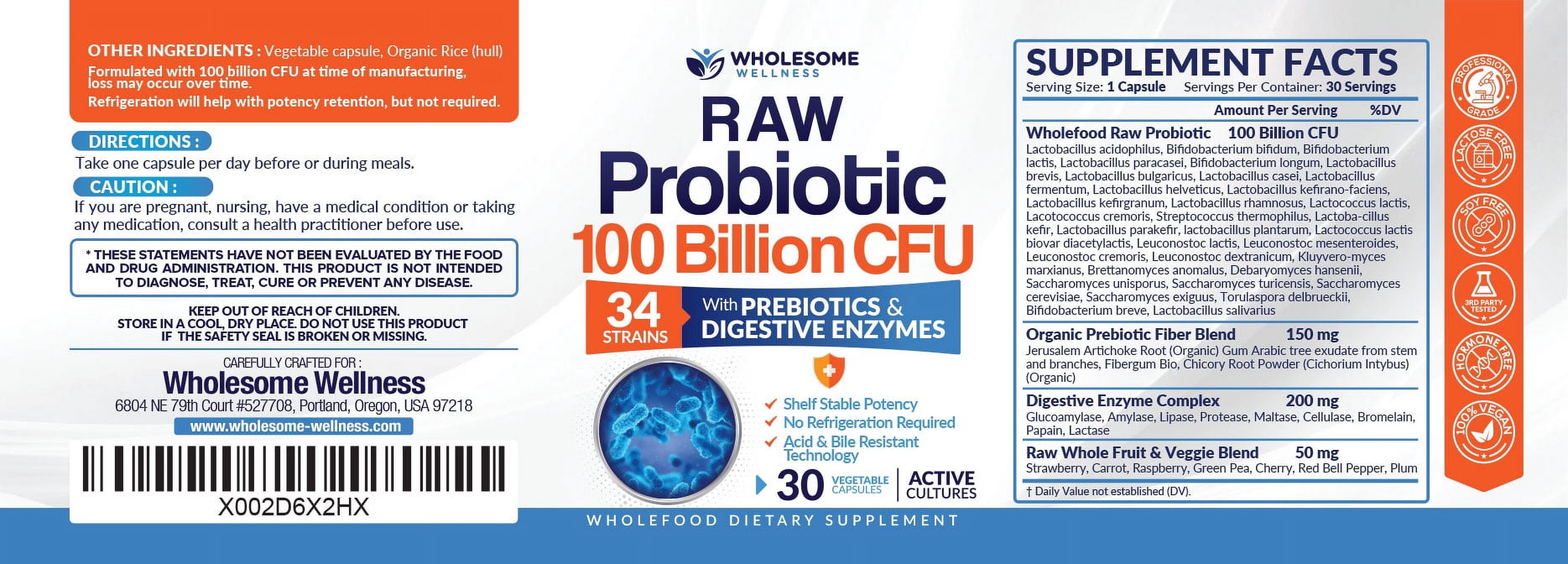 Probiotics 100 Billion CFU, Probiotics for Women, Probiotics for Men and Adults, Shelf Stable Probiotic Supplement with Prebiotics & Digestive Enzymes; 30 Capsules