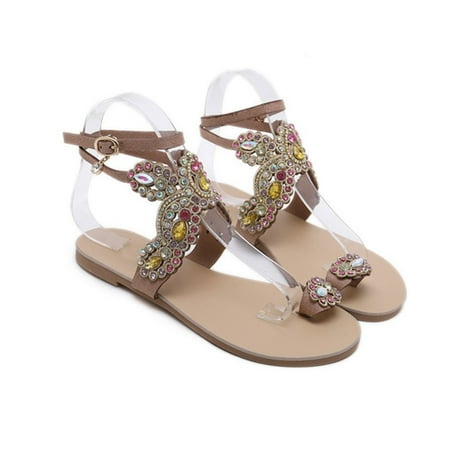 

Women Rhinestone Flat Sandals Toe Ring Shoes for Summer Beach Holiday 35