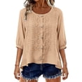 thumbnail image 5 of Womens Blouses and Tops Dressy Kelon Wemens Tops Summer Cotton Linen Shirts 3/4 Sleeve Round Neck Embroidered T-Shirts Dressy Casual Business Tee Blouses 2026 Trendy Clothes, L, 5 of 7