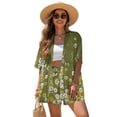 thumbnail image 3 of Xoenoiee Green Daisy Flower Print Women's 2 Piece Outfits Kimono Cover Ups Half Sleeve Blouse and High Waist Shorts Set Summer Beachwear Cruise Outfits, Size M, 3 of 7