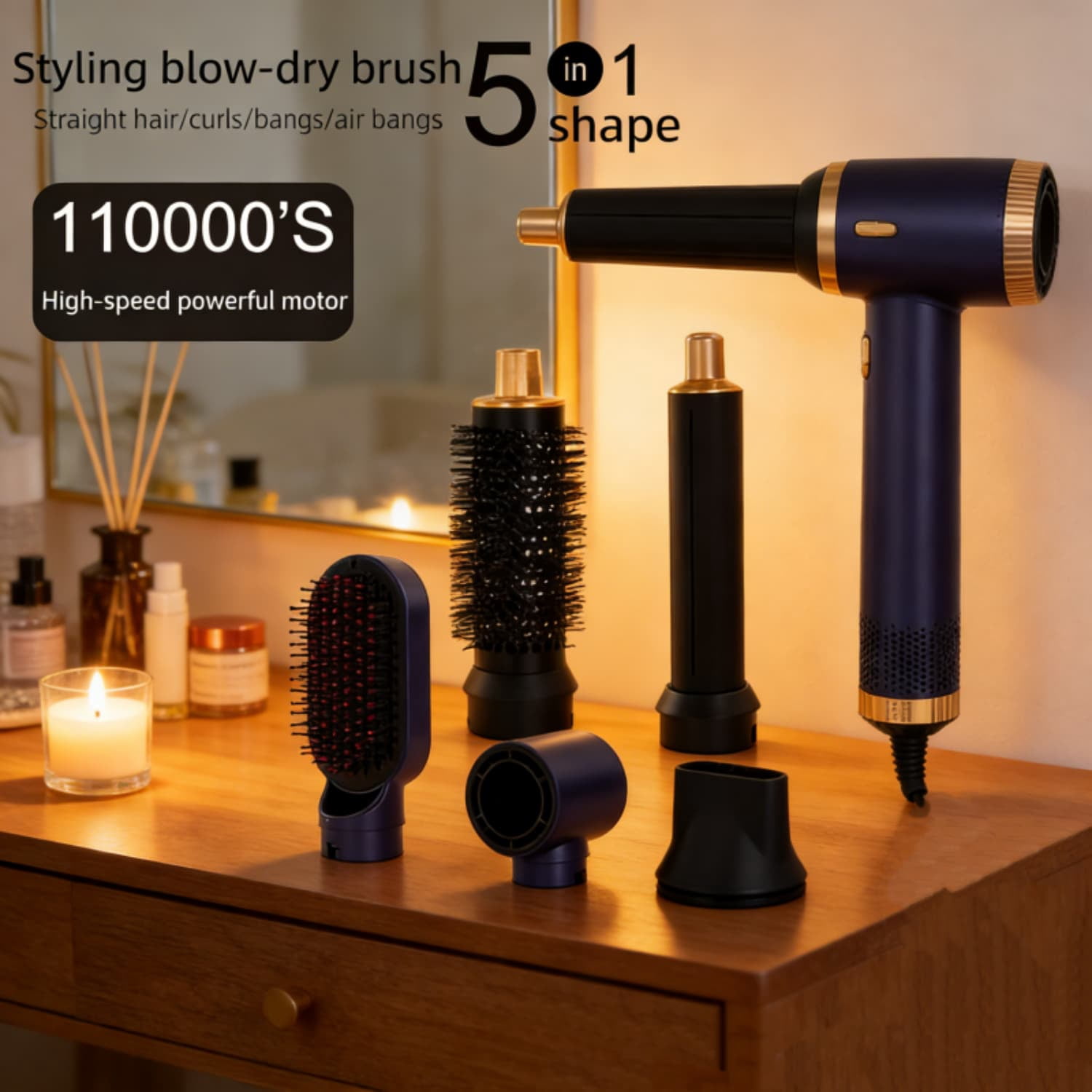 5-in-1 Professional Hair Dryer Brush Set, 110,000 RPM Negative Ionic Hot Air Brush for Drying, Curling & Volumizing