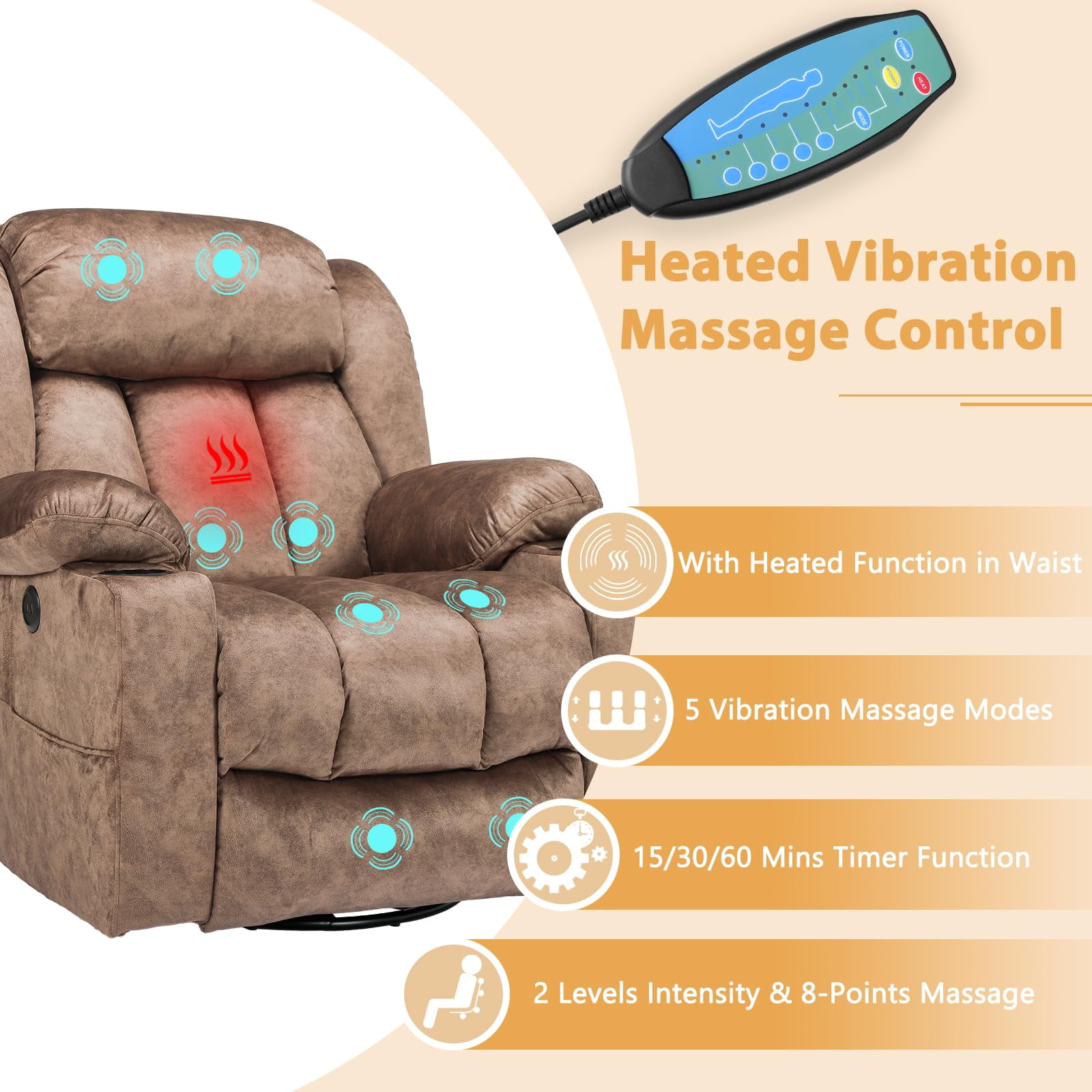 360° Swivel Glider Rocking Recliner Chair, Overstuffed Manual Massage Recliner with Heat and Vibration, Single Modern Sofa Home Seating for Living Room, Cup Holders/USB Ports (Plush-Brown)