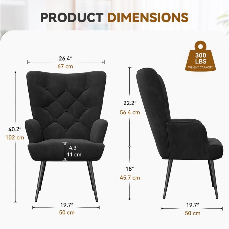 Hawsaiy High Back Velvet Accent Chair Set of 2 with Metal Legs, Modern Mid Century Armchair, Wingback Reading Chair for Bedroom Living Room,Black