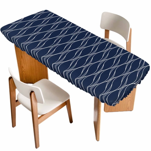 Wavy Lines Table Cloths for 8 Foot Rectangle Tables, Abstract Minimalist Pattern Navy Blue Patio Waterproof Elastic Fitted Tablecloths, Washable Rectangular Table Cover for Camping