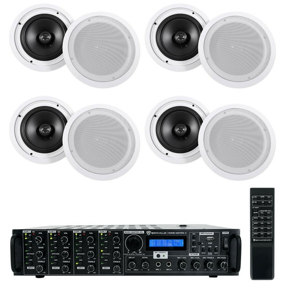 Rockville 4-Room Home Ceiling Speaker System w/ (8) 8" Speakers 4-Zone Receiver