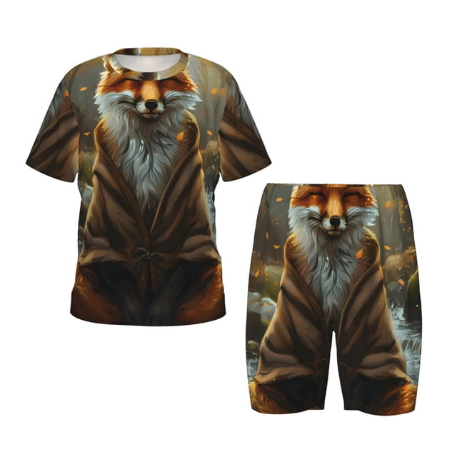 Balery Streamside Meditating Fox Conjunto de Pijama Infantil de Manga Corta con Estampado – Ropa de Dormir de Algodón Suave-Medium