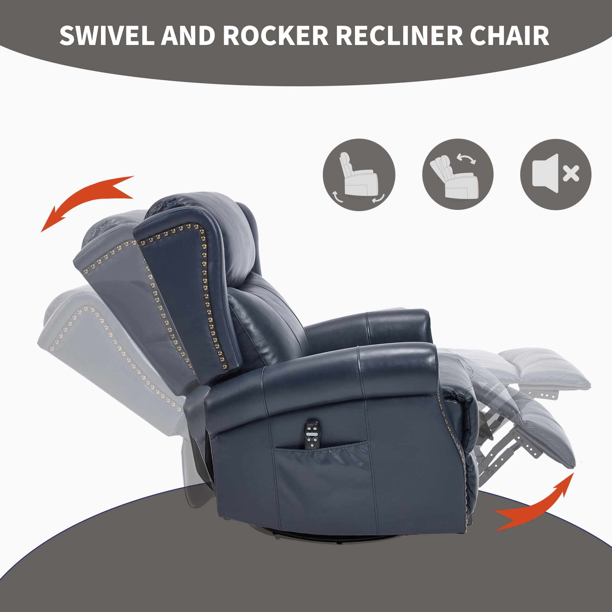 MAYEERTY 360 Degree Swivel Rocker Recliner Chair, Genuine Leather Manual Recline Glider Armchair with 8-Point Vibration Massage & Lumbar Heat, for Living Room Home Theater