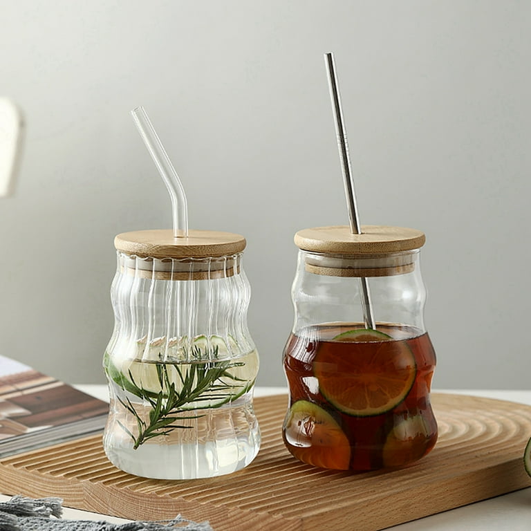 2PCS Ribbed Glass cups with Bamboo Lids and Glass Straws, Fluted Vintage  Ripple Clear Glassware, Origami Style Drinking Glasses for Juice, Beer, Iced  Coffee, Tea and Cocktail 