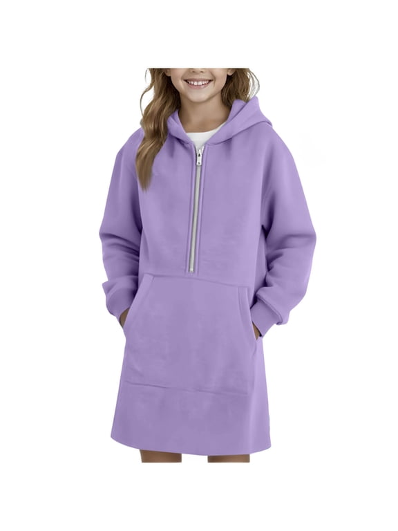 Girls Longline Hooded Sweatshirt Dress Half-Zip Fleece-Lined Hoodie Long Sleeve Pullover for School Daily Wear & Weekend Outings (4-15Y)